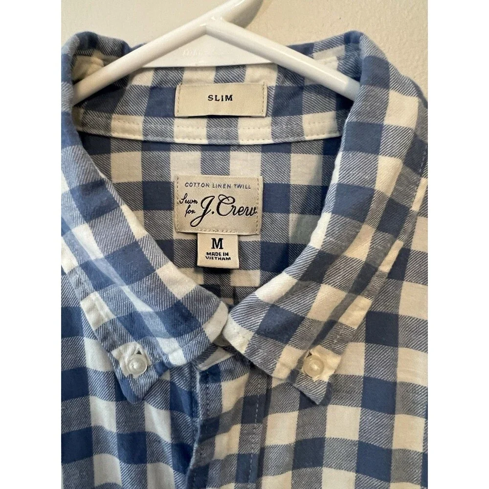 J.Crew Men's Slim Fit Gingham Long Sleeve Button-Down Shirt blue and white Med
